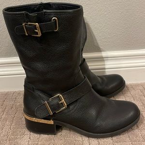 Vince Camuto Black Leather Ankle Boots with Gold Accents